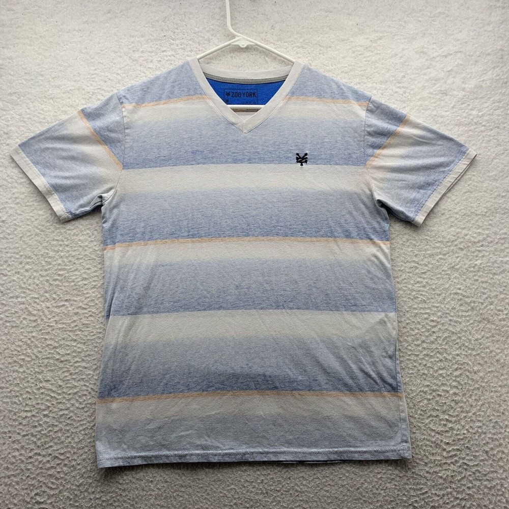 Zoo York V-Neck T-Shirt Mens Medium M Blue White Striped Ombre Skater Y2K Street